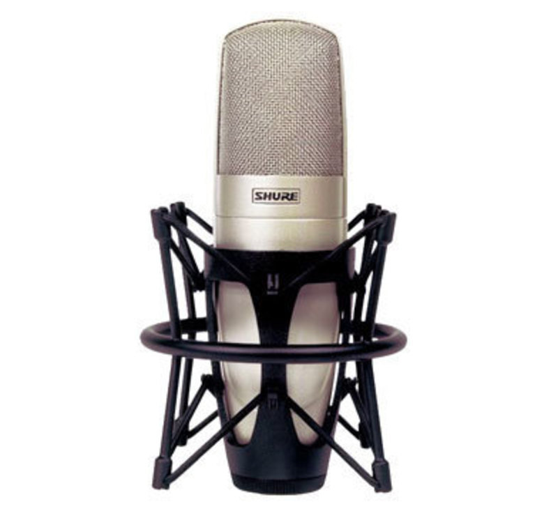Front view of the final production version for the KSM32 Microphone in a shock mount