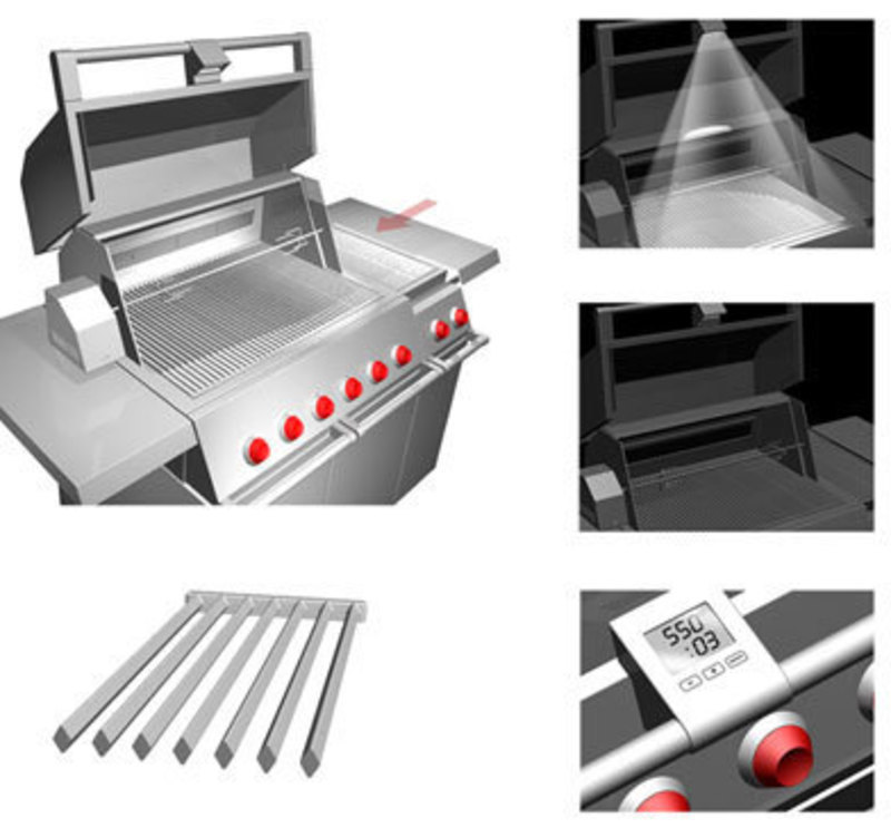 Collage of images showing additional features the grill has like lights and readouts