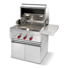 Three quarters front view of the 30 inch gas grill with hatch open