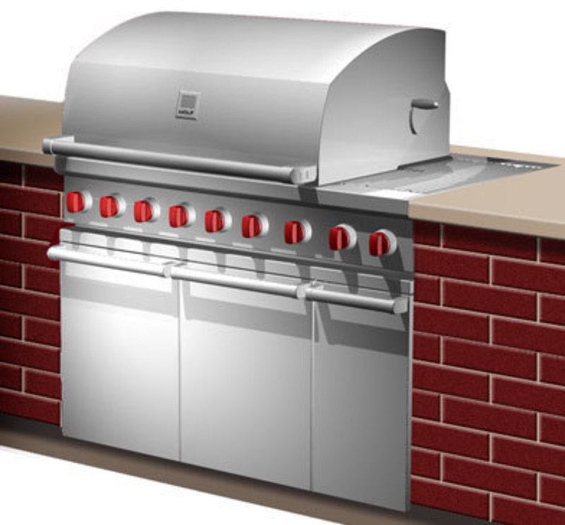 Concept rendering showing a gas grill with side burner built into a counter