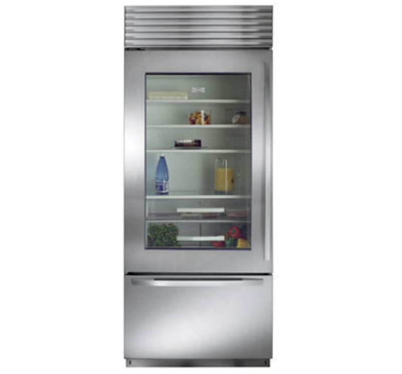 Front view rendering of the over under refrigerator with window and stainless steel finish