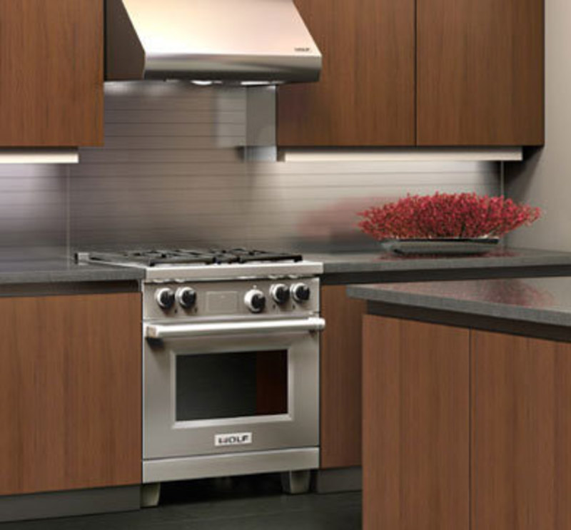 In context view of the dual fuel range installed into a kitchen counter