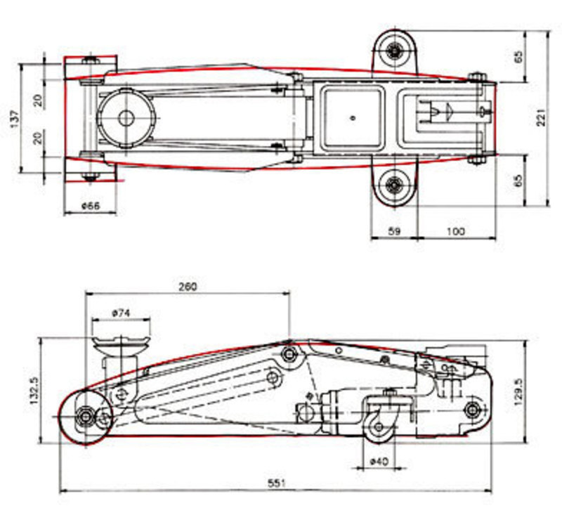 Elevation view of the Rapid Car Jack showing how the internal components fit inside