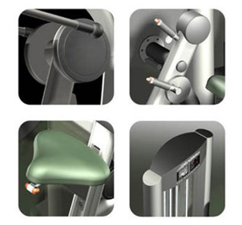 Collage of images showing design details of a joint, adjustment levers, seat pad and weight tower