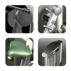 Collage of images showing design details of a joint, adjustment levers, seat pad and weight tower