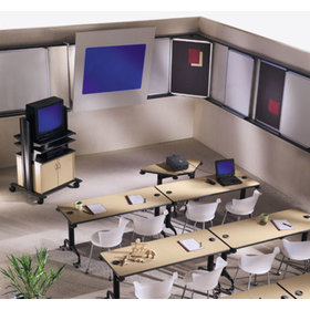 Overhead view of a room showing how a projector system can be used with Here Mobile Rail System