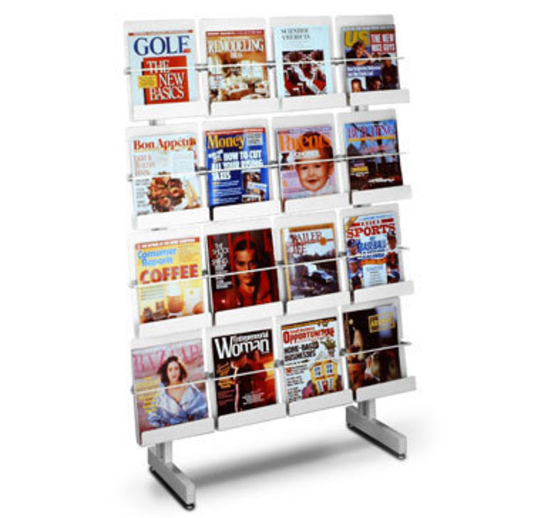 Three quarters front view of a magazine rack with magazines in place