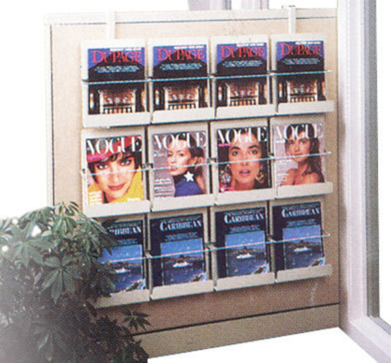 Hanging magazine rack mounted in a wall