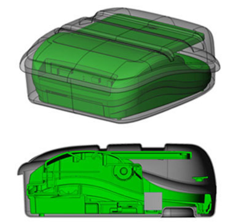 Transparent isometric and side section view of the Jet Bag with a diamante writer inside