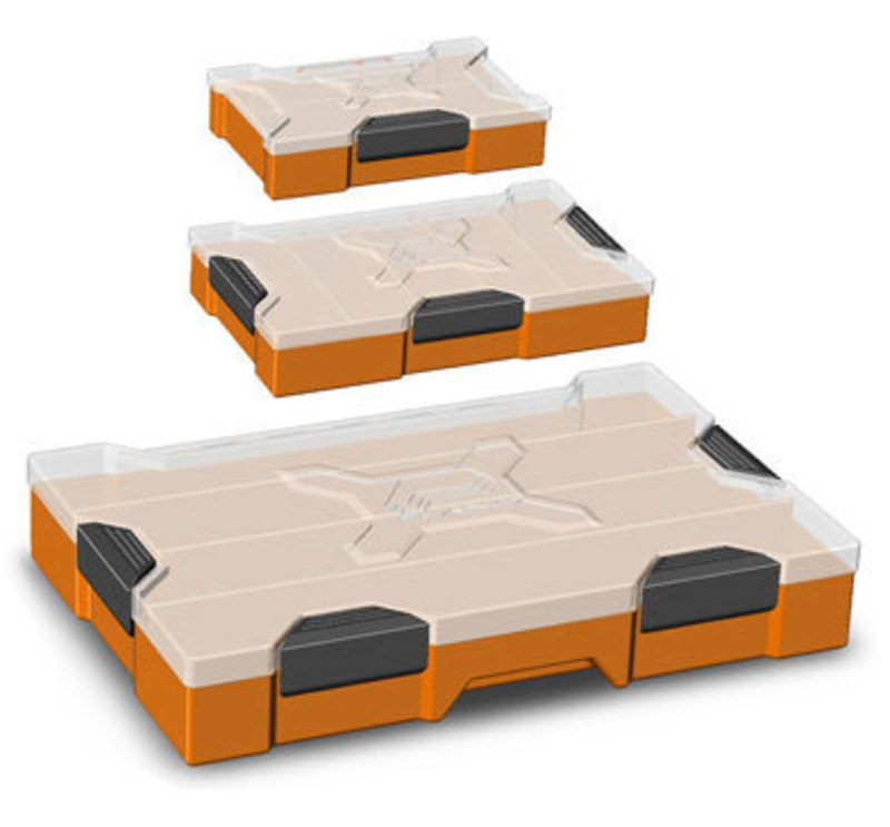 Overhead view showing three different sizes for the StowAway Utility Box