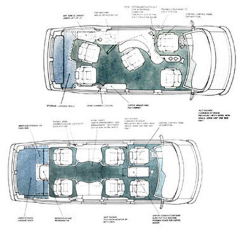 Top view concept sketch showing potential layouts for the mobile office vehicle