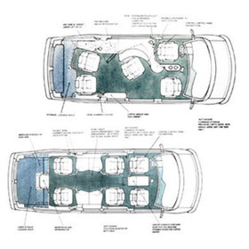 Top view concept sketch showing potential layouts for the mobile office vehicle