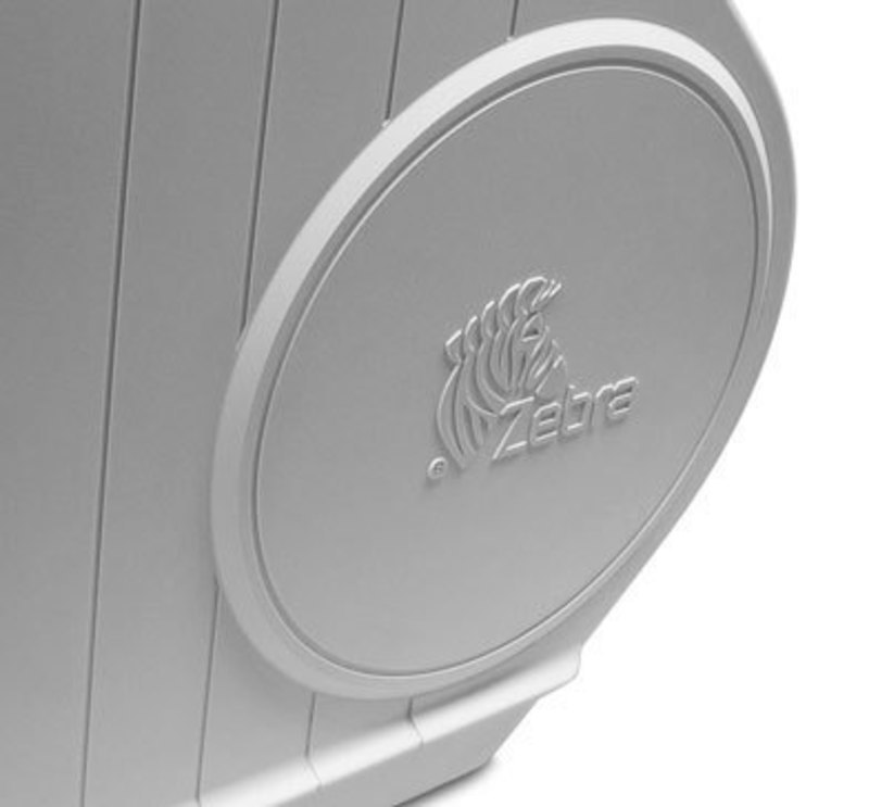 Close up view of the Zebra logo of the thermal transfer printer
