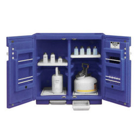 Front view of the safety cabinet with its door open and hazardous material containers inside