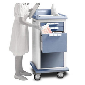 Three quarters front view of the small medical cart with a user standing next to it