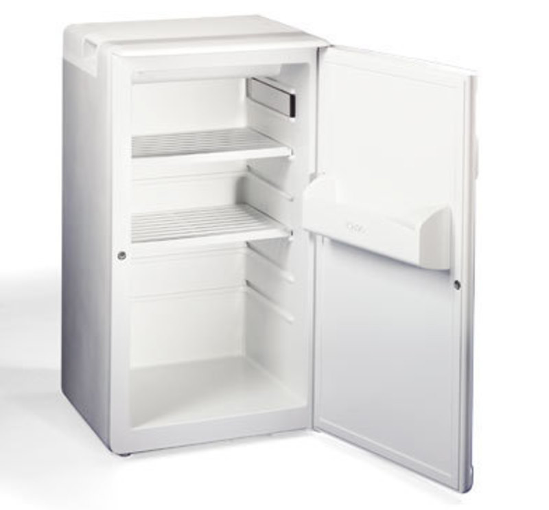 Three quarters front view of the medium sized refrigerator with the door open