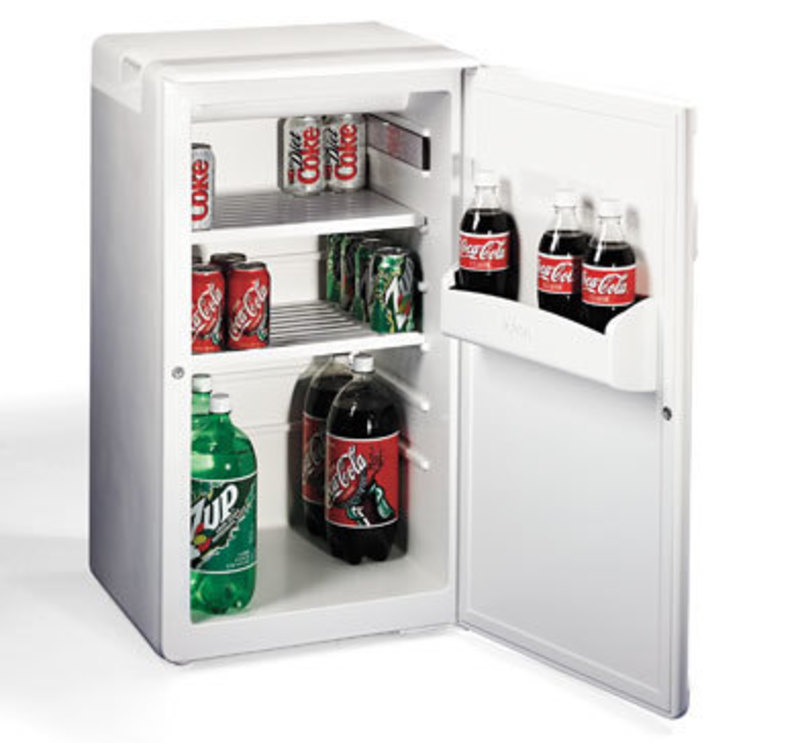 Three quarters front view of the medium sized refrigerator with the door open with beverages inside