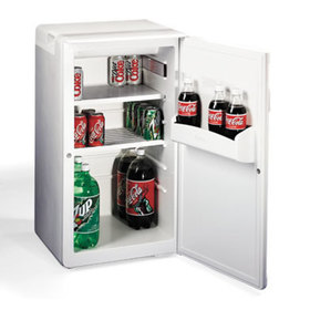 Three quarters front view of the medium sized refrigerator with the door open with beverages inside