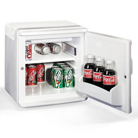 Three quarters front view of the small sized refrigerator with the door open with beverages inside