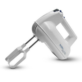 Three quarters front view of the West Bend Hand Mixer with beaters attached
