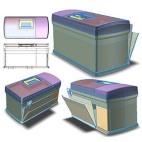 Collage of views showing the designed form and features of the 777 Tackle box