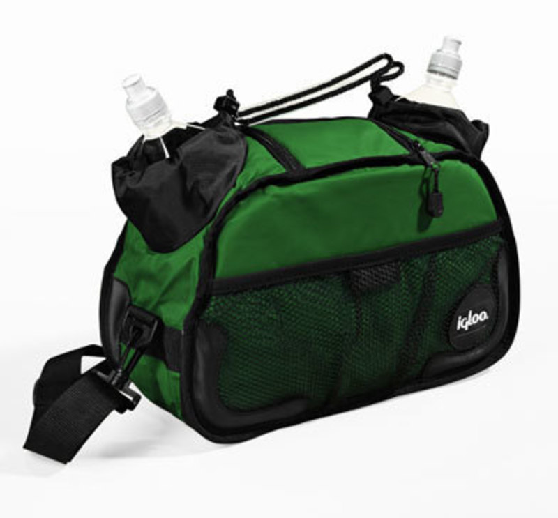 Three quarters view of the cooler with two sleeves for storing water bottles