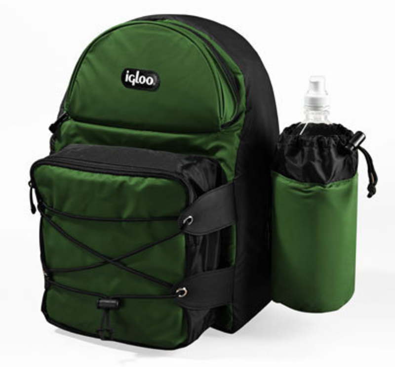 Three quarters view of the backpack cooler with water bottle storage