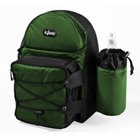 Three quarters view of the backpack cooler with water bottle storage
