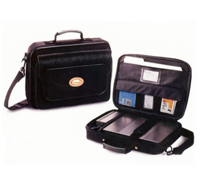 Image showing the front of a small briefcase bag and another open with items stored inside