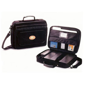 Image showing the front of a small briefcase bag and another open with items stored inside