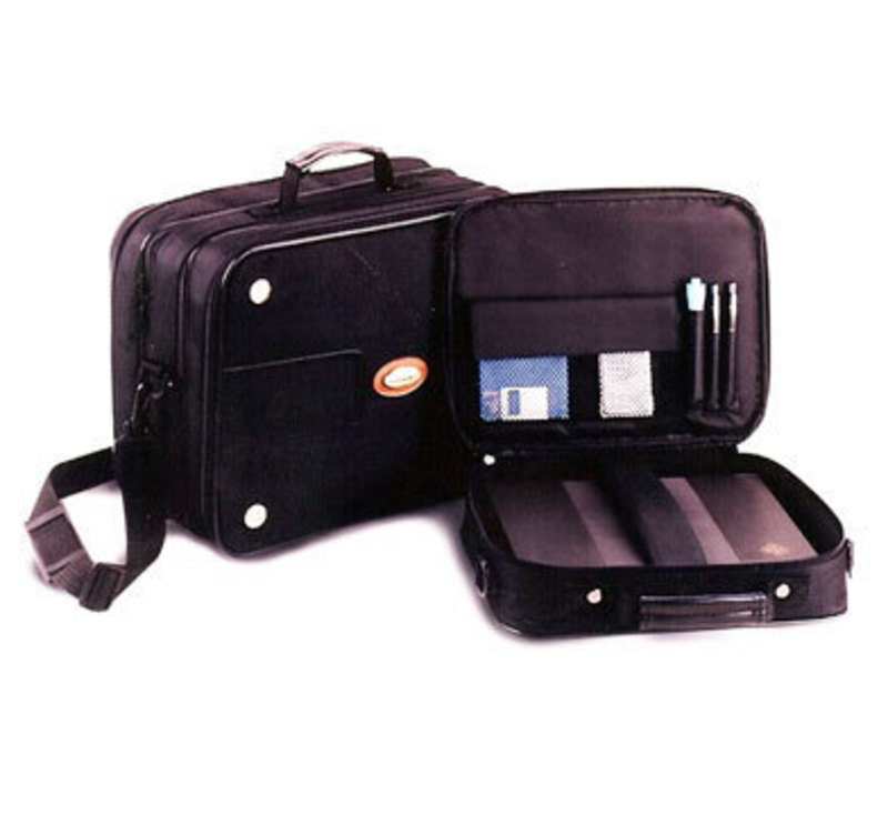 Image showing the front of a small portfolio case and the the other open revealing items inside