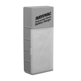 Three quarters front view of the Rayovac battery charger with not batteries inside