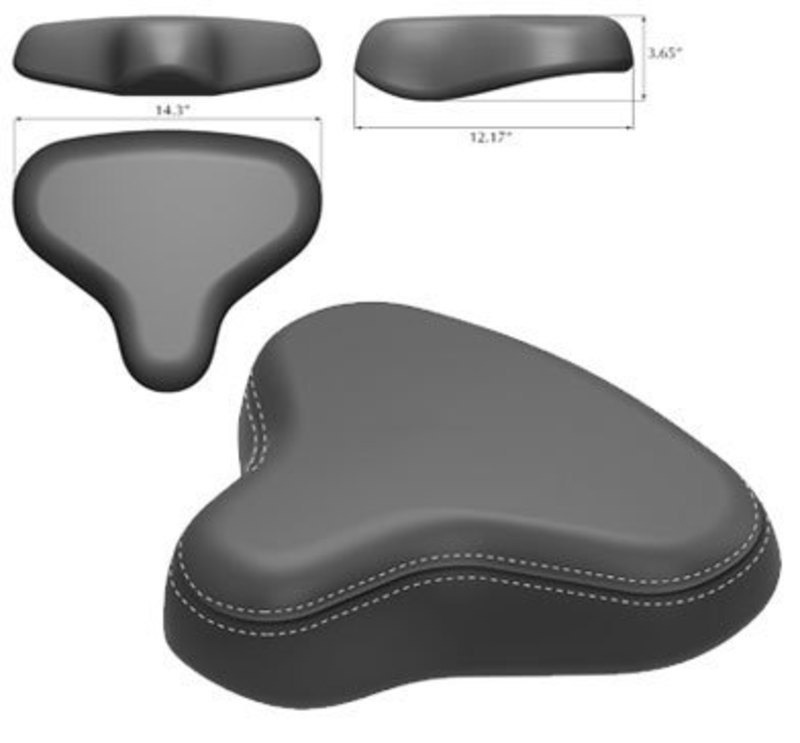 Front, side, top and perspective views of an initial design for the Hancock saddle seat
