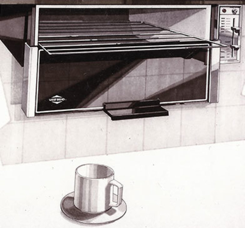 Three quarters view concept rendering for the toaster oven hanging under cabinetry opened