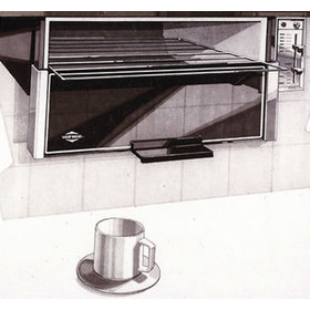 Three quarters view concept rendering for the toaster oven hanging under cabinetry opened