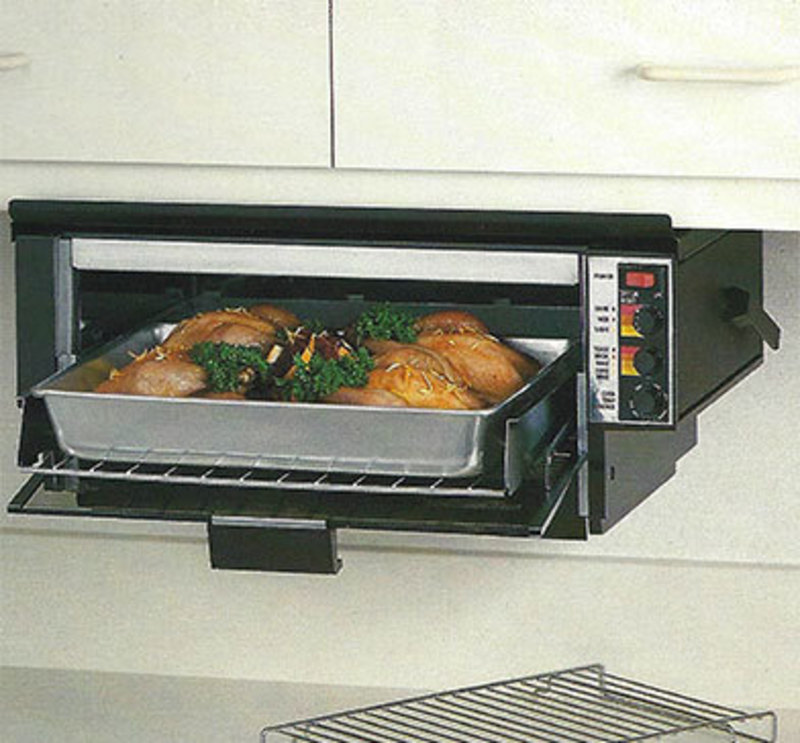 Production version of the toaster oven mounted under the kitchen cabinetry