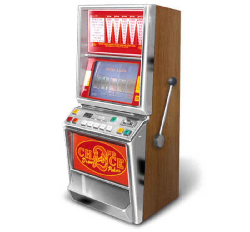 Three quarters front view of the prototype for the Bally Slot Machine