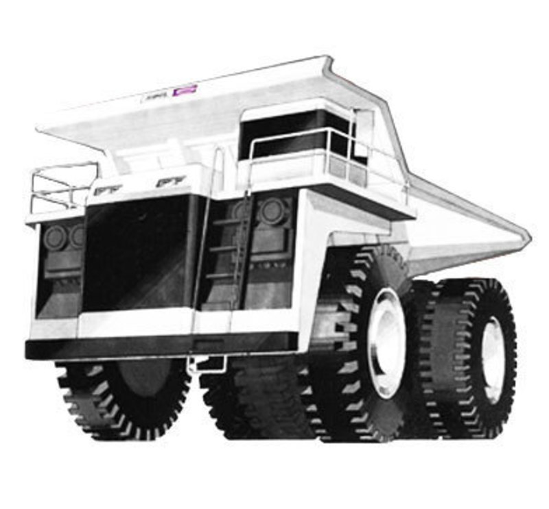 Three quarters front concept rendering of the Initial design for the Komatsu Dump truck
