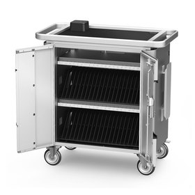 Three-quarters front view of the PowerSync cart with doors open showing storage shelves