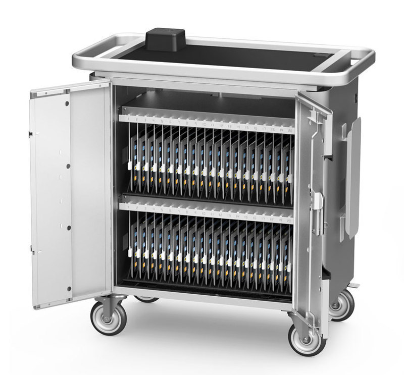 Three-quarters front view of the PowerSync cart with doors open loaded with iPads