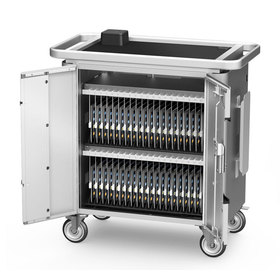 Three-quarters front view of the PowerSync cart with doors open loaded with iPads