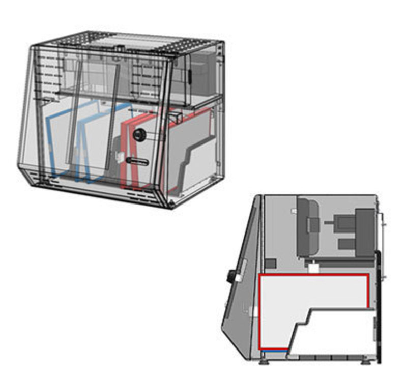Two transparent views of the Core cabinet showing clearance for electronic devices
