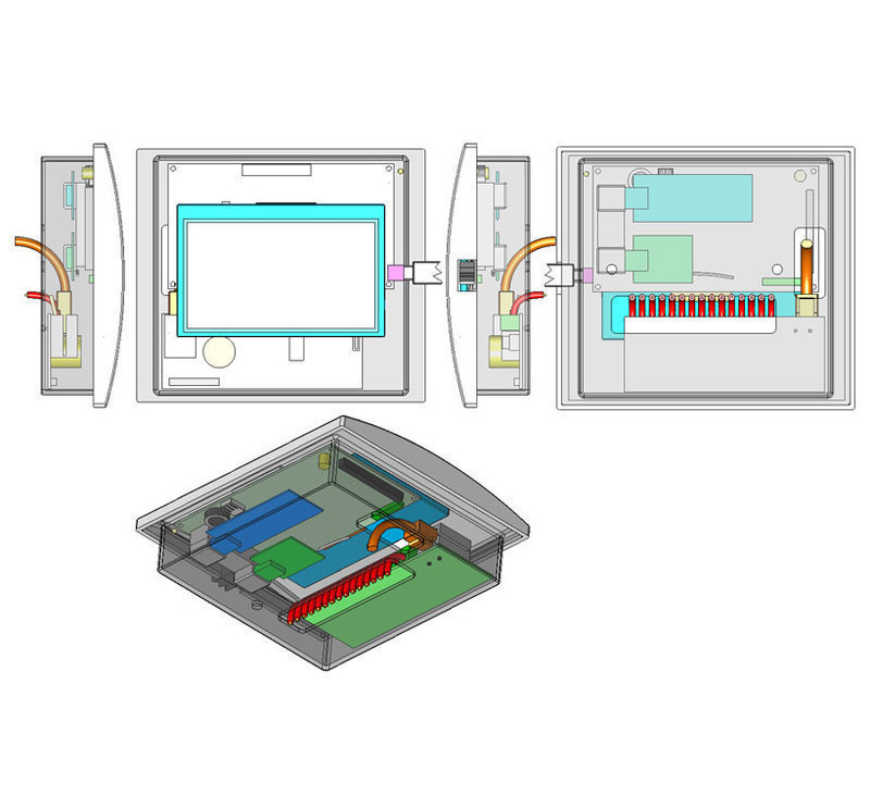 Transparent CAD view of the network thermostat showing how the internal components fit