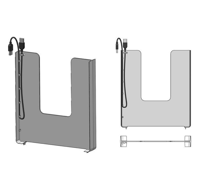 Perspective, top and front views of the Android cart charging pocket