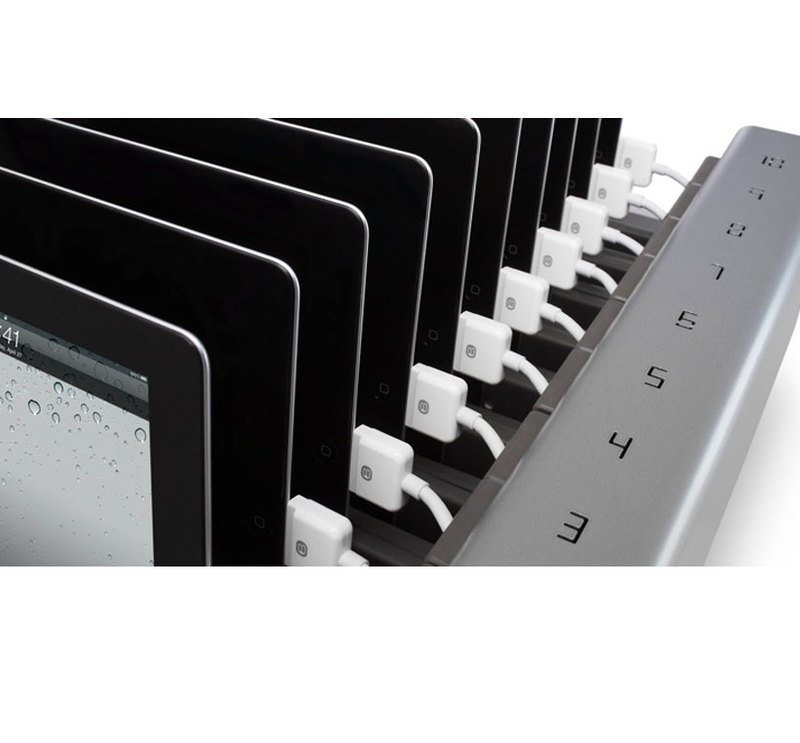 Detail view of PowerSync tray showing charging station numbers