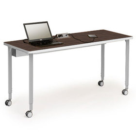 Three quarters front view of the Rectangular table shape with laptop and tablet on top