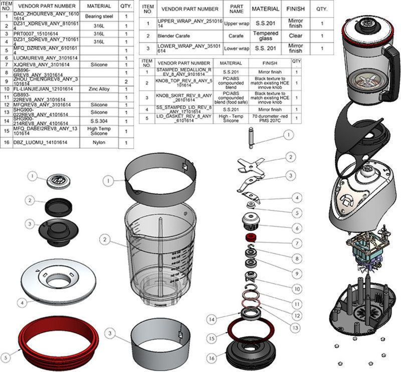 Royal Vort-X blender bill of materials and exploded view