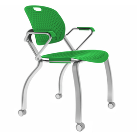 Three quarters front view of the Explore chair with a green seat and arm rests