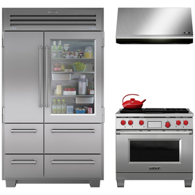 Front view of a Sub-Zero refrigerator and Wolf Oven Pro Series