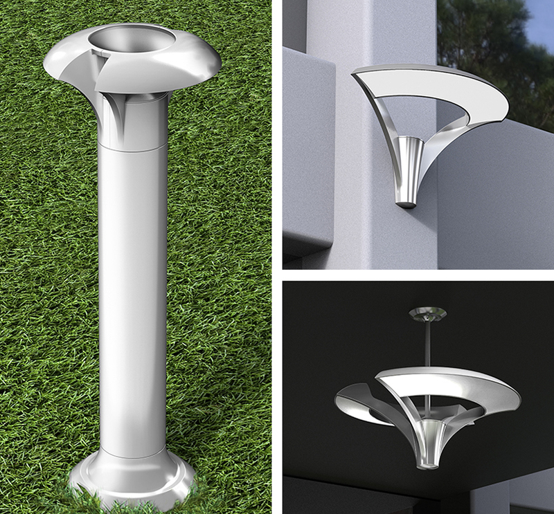 Collage showing the selected concept style applied to bollard, sconce and chandelier fixtures